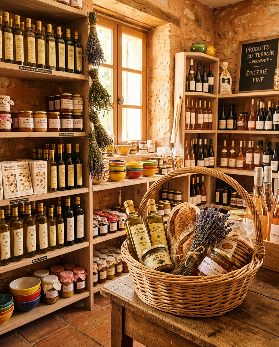 Interieur de la boutique Saveurs du Terroir a Grignan - etageres garnies de produits locaux artisanaux